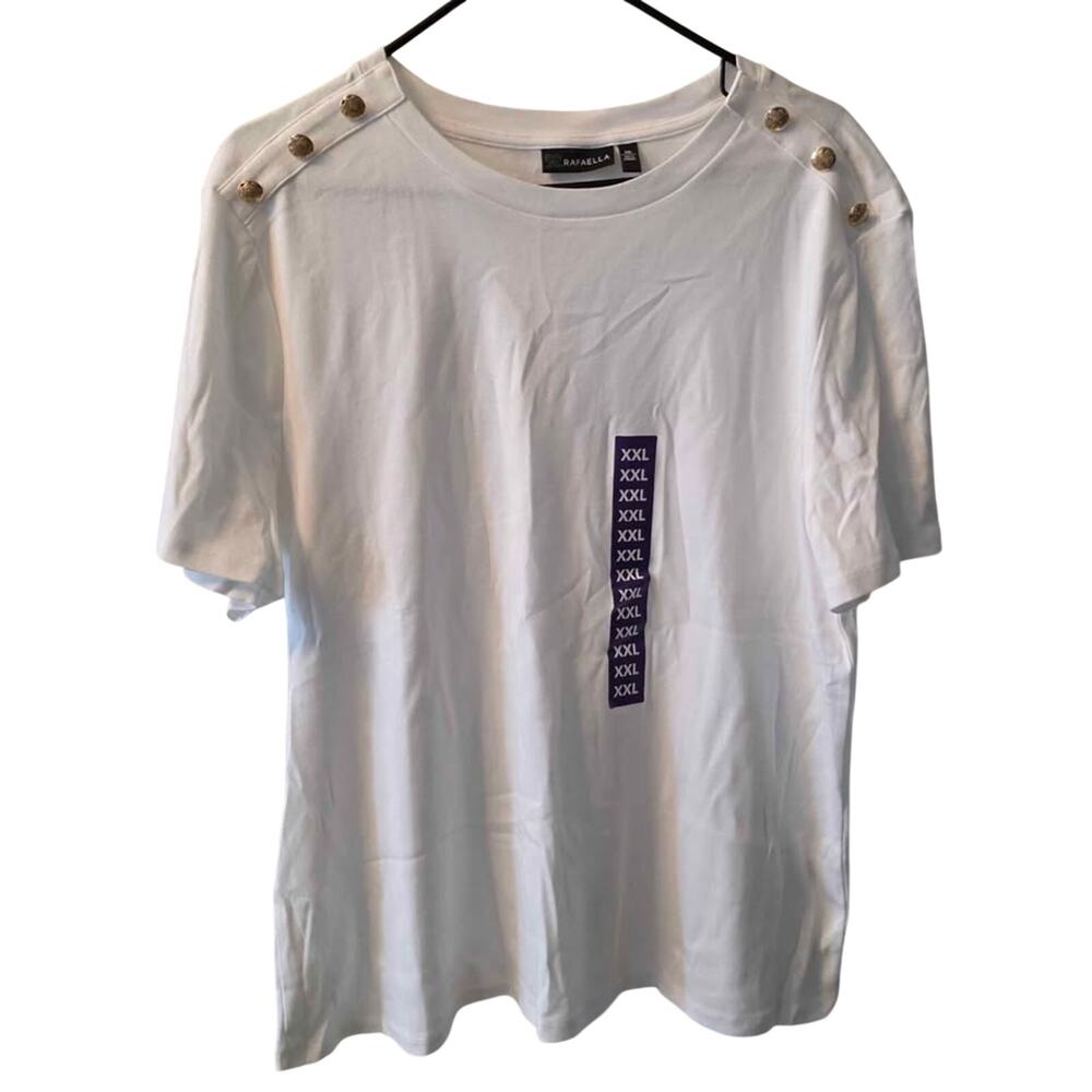 NWT 100% Cotton Rafaella Gold Button Shoulder Women's White T-Shirt - Size XXL
